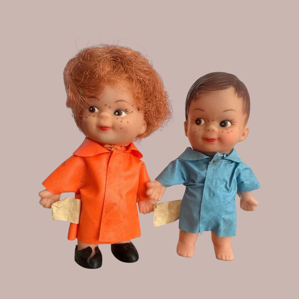 Vintage Hong Kong Vinyl Dolls Pair – 4.5" Freckle Face – Orig Clothes – 1960s